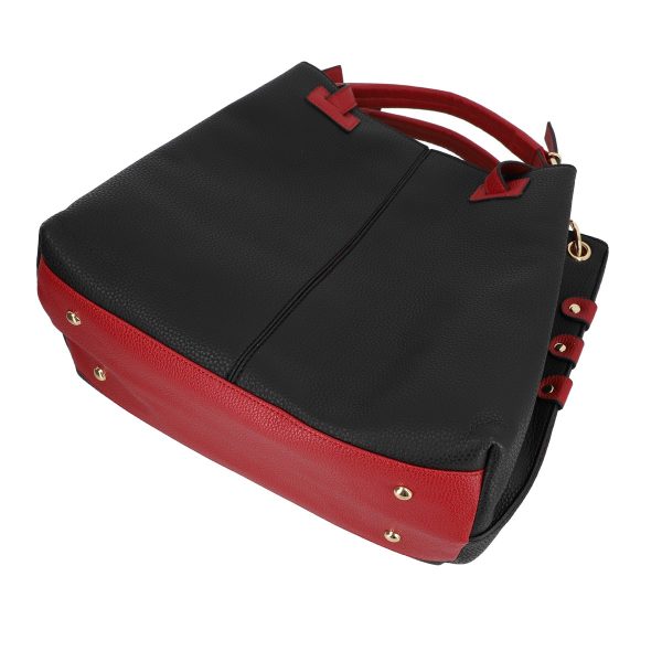 Set geanta cu portofel dama din piele eco neagra accesoriu metalic maner rosu BSSET2202016 4