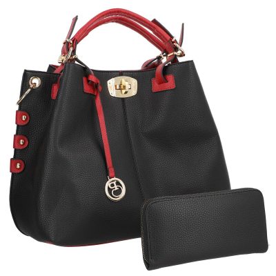 Geantă + CADOU - Set geanta cu portofel dama din piele eco neagra accesoriu metalic maner rosu BSSET2202016