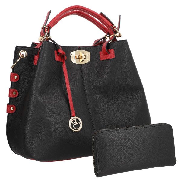 Set Geanta si Portofel - Set geanta cu portofel dama din piele eco neagra accesoriu metalic maner rosu BSSET2202016