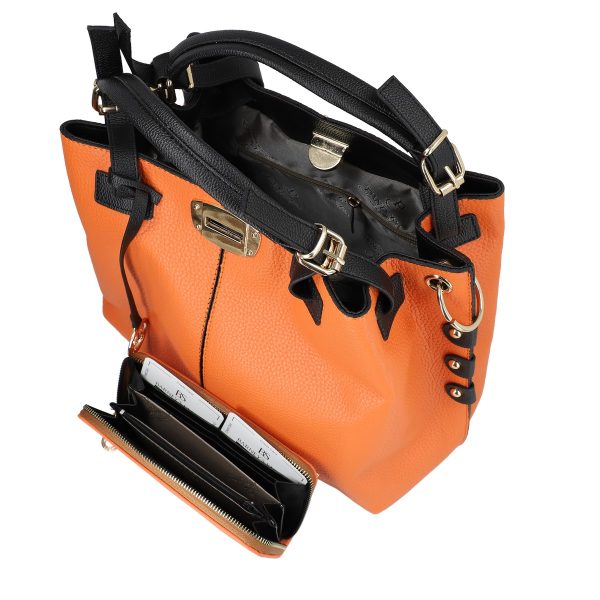 set geanta dama portocaliu cu maner negru si portofel din piele ecologica bsset2202011 1
