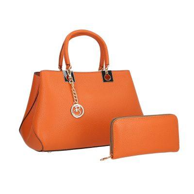 Genti portocalii - Set geanta portofel dama piele eco portocalie model texturat cu bretea detasabila si doua compartimente Bernadette BSSET2205208