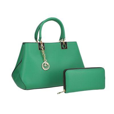 Set Geanta si Portofel - Set geanta portofel din piele eco verde model texturat cu bretea detasabila si doua compartimente Bernadette BSSET2205206