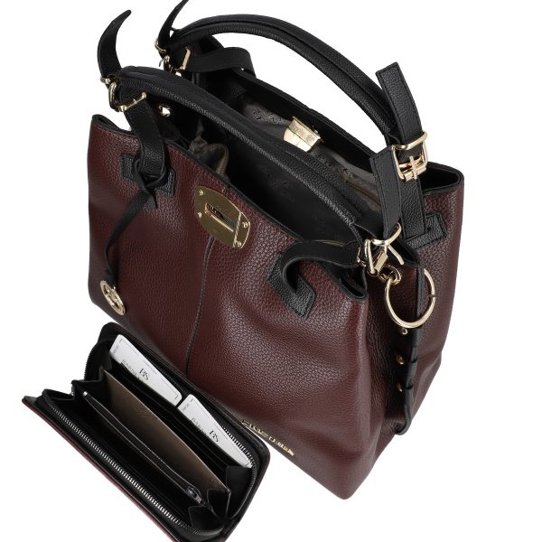 Set geanta cu portofel dama din piele ecologica visiniu cu accesoriu metalic si manere BSSET2202019 3