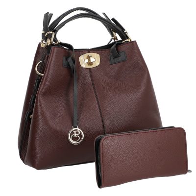 Set geanta cu portofel dama din piele ecologica visiniu cu accesoriu metalic si manere BSSET2202019