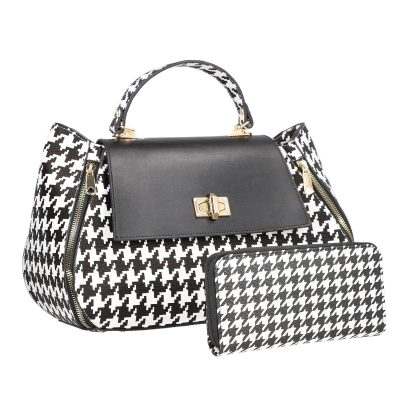 Geantă + CADOU - Set geanta portofel eleganta dama piele ecologica alb negru cu imprimeu si fermoare BSSET2202029
