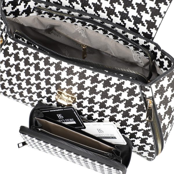 Set geanta portofel eleganta dama piele ecologica alb negru cu imprimeu si fermoare BSSET2202029 6