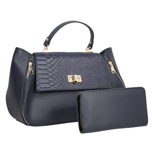 Set Geanta si Portofel - Set geanta portofel eleganta dama din piele eco albastra cu imprimeu si fermoare BSSET2202027
