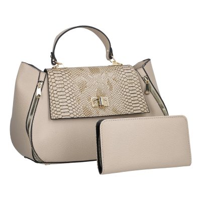 Geantă + CADOU - Set geanta portofel eleganta femei din piele eco bej cu imprimeu si fermoare BSSET2202026