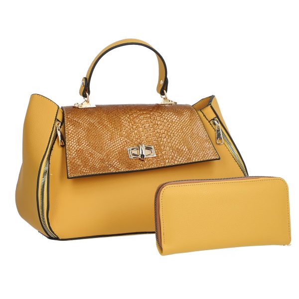 Geantă + CADOU - Set geanta portofel eleganta dama din piele ecologica galbena cu model texturat fermoare laterale elegante BSSET2202021
