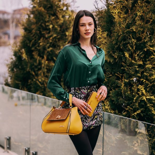 Set geanta portofel eleganta dama din piele ecologica galbena cu model texturat fermoare laterale elegante BSSET2202021 5