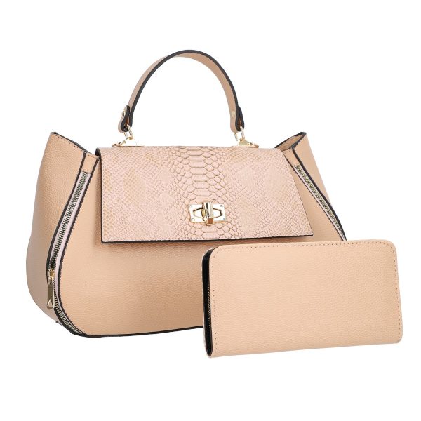 Set Geanta si Portofel - Set geanta portofel eleganta de femei piele ecologica roz cu model texturat fermoare laterale elegante BSSET2202022