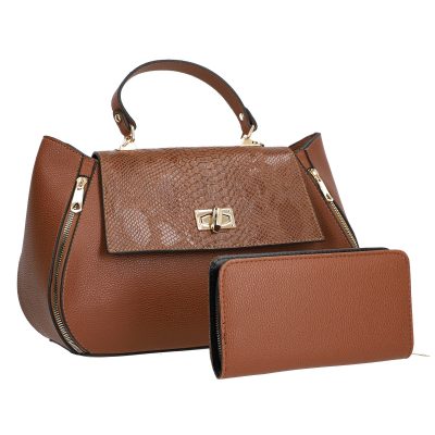 Geantă + CADOU - Set geanta portofel eleganta femei piele eco maro cu imprimeu si fermoare BSSET2202024