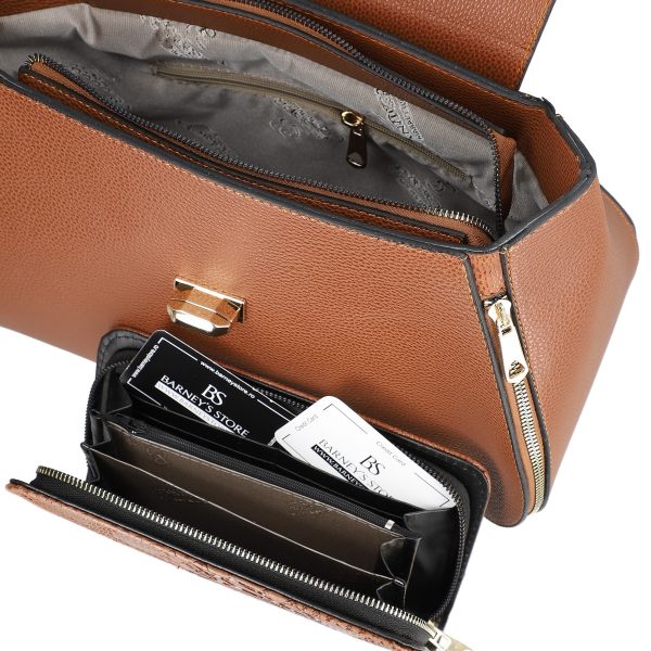 Set geanta portofel eleganta femei piele eco maro cu imprimeu si fermoare BSSET2202024 6