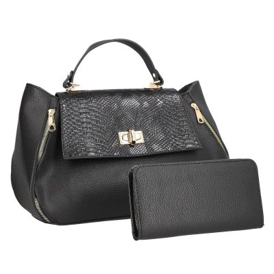 Set geanta cu portofel eleganta de dama din piele eco neagra cu imprimeu si fermoare BSSET2202030 25