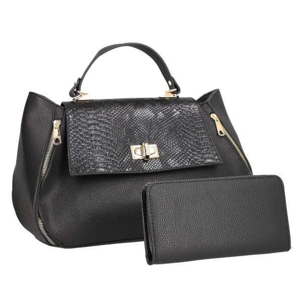Set Geanta si Portofel - Set geanta cu portofel eleganta de dama din piele eco neagra cu imprimeu si fermoare BSSET2202030