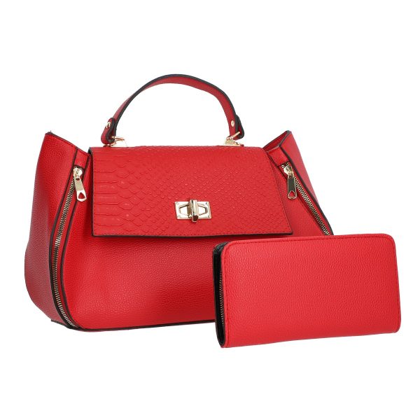 Set geanta portofel eleganta dama din piele ecologica rosie model texturat fermoare elegante laterale BSSET2202020