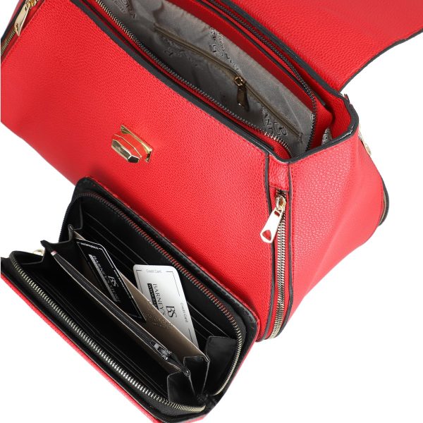 Set geanta portofel eleganta dama din piele ecologica rosie model texturat fermoare elegante laterale BSSET2202020 4
