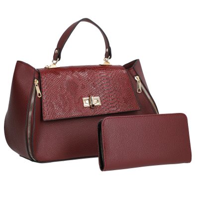 Set geanta cu portofel eleganta femei piele eco visinie cu model texturat fermoare laterale BSSET2202023 19