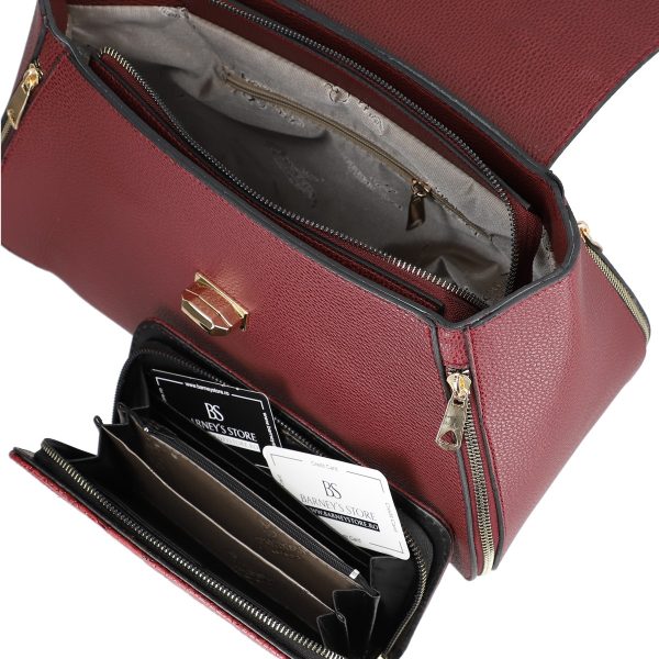 Set geanta cu portofel eleganta femei piele eco visinie cu model texturat fermoare laterale BSSET2202023 8