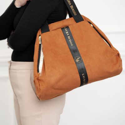 Geantă damă Shopper maro de talie mare fermoar cu auriu din piele ecologică Laura Biaggi BS975G2208214