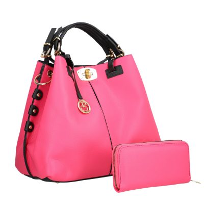 Set geantă cu portofel casual de damă din piele ecologică roz maner negru doua compartimente BSSET2209050 7