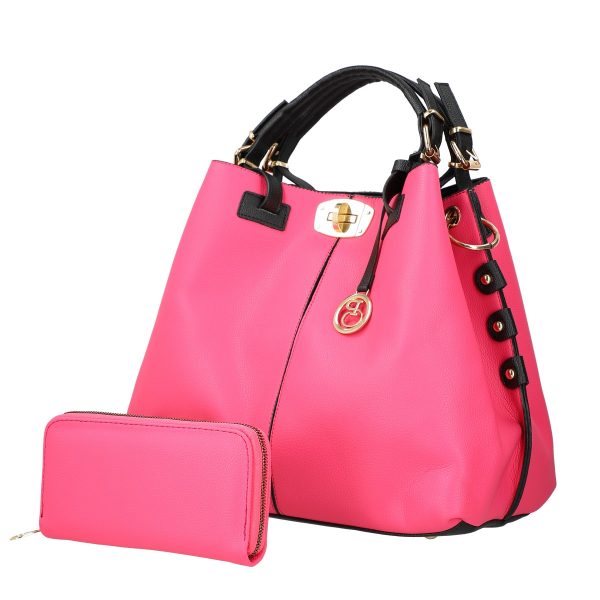 Set geantă cu portofel casual de damă din piele ecologică roz maner negru doua compartimente BSSET2209050 6