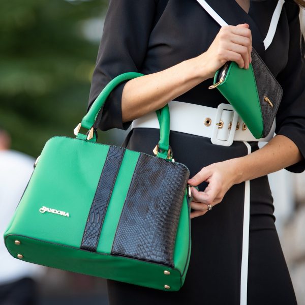 Set geantă cu portofel casual femei piele ecologică netedă verde model texturat cu logo auriu BSSET2209052 5