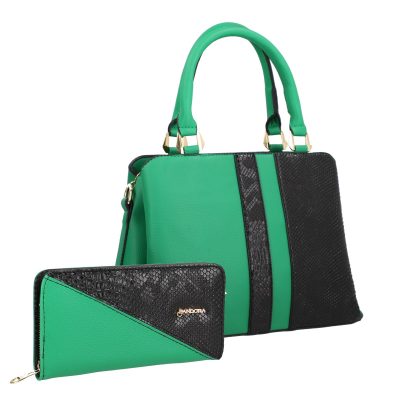 Geantă + CADOU - Set geantă cu portofel casual femei piele ecologică netedă verde model texturat cu logo auriu BSSET2209052