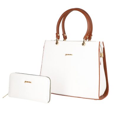 Geantă + CADOU - Set geantă cu portofel femei piele eco alb cu trei compartimente închidere cu fermoar BS159SET2209049