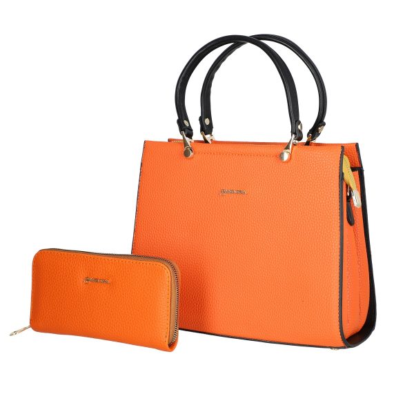Geantă + CADOU - Set geantă cu portofel femei piele eco portocaliu cu trei compartimente închidere cu fermoar BS159SET2209047