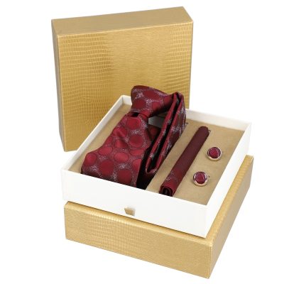 Set elegant pentru Bărbați Cravată Batistă Butoni cutie auriu BSMS2PC2210601 5