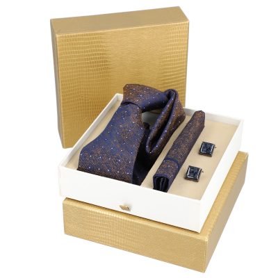 Set elegant pentru Bărbați Cravată Batistă Butoni cutie auriu BSMS2PC2210602 6