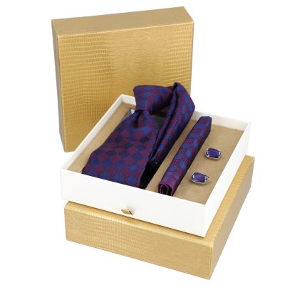 Set elegant pentru Bărbați Cravată Batistă Butoni cutie auriu BSMS2PC2210603 12