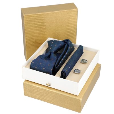 Set elegant pentru Bărbați Cravată Batistă Butoni cutie auriu BSMS2PC2210605 4
