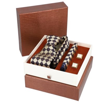 Set elegant pentru Bărbați Cravată Batistă Butoni cutie maro BSMS2PC2210642 7