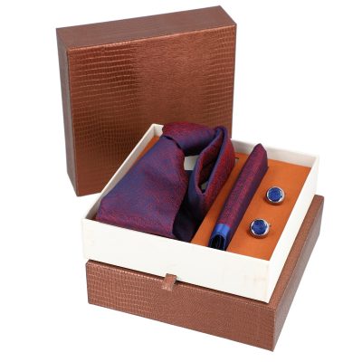 Set elegant pentru Bărbați Cravată Batistă Butoni cutie maro BSMS2PC2210643 7