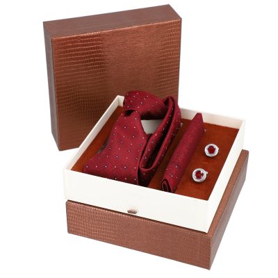 Set elegant pentru Bărbați Cravată Batistă Butoni cutie maro BSMS2PC2210644 5