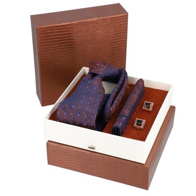 Set elegant pentru Bărbați Cravată Batistă Butoni cutie maro BSMS2PC2210645 4