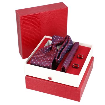 Set elegant pentru Bărbați Cravată Batistă Butoni cutie roșie BSMS2PC2210681 3
