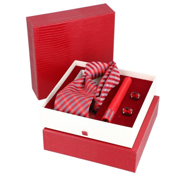 Set elegant pentru Bărbați Cravată Batistă Butoni cutie roșie BSMS2PC2210682 3