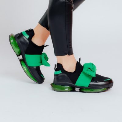 Pantofi Sport Dama - Pantofi sport material textil negru cu verde cu platforma BSES881PSRO2301505