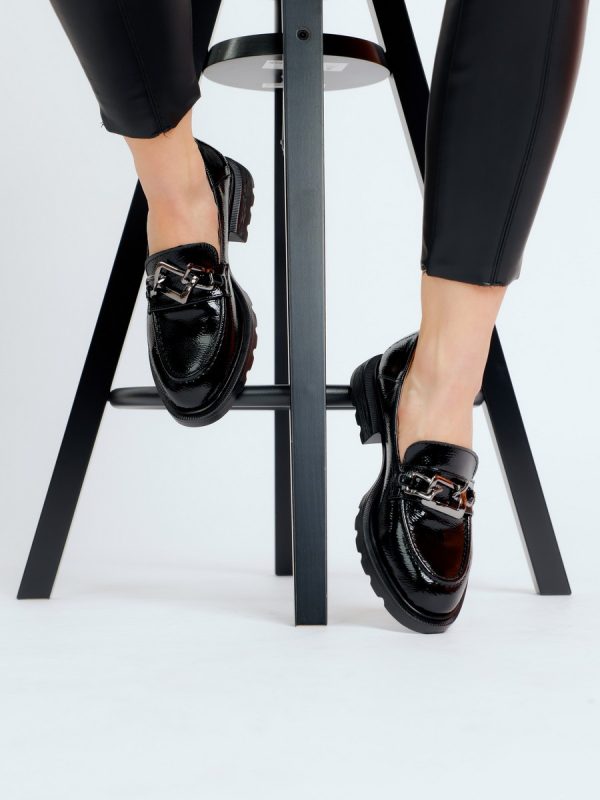 Pantofi Loafers Femei, Piele Eco, Negri, Varf Rotund - BS702PC2301616 5