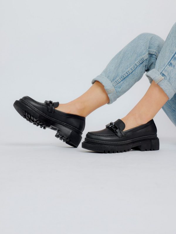 Incaltaminte Dama - Pantofi loafers piele ecologica negru cu varf rotund BS201PC2301605