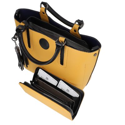 Set geanta dama casual cu portofel din piele ecologica texturata galben BS33SET2302342