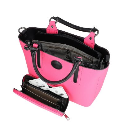 Set geanta dama casual cu portofel din piele ecologica texturata roz BS33SET2302344