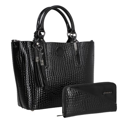Geanta Neagra - Set geanta dama casual cu portofel din piele ecologica texturata negru BS33SET2302330