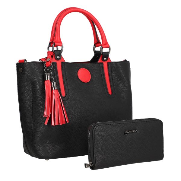 Geanta Neagra - Set geanta dama casual cu portofel din piele ecologica negru maner rosu BS33SET2302332