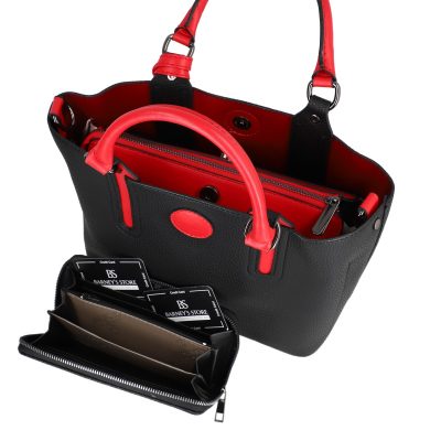 Set geanta dama casual cu portofel din piele ecologica negru maner rosu BS33SET2302332