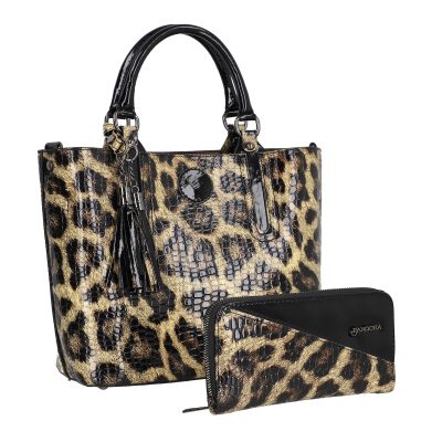 Geanta Maro - Set geanta dama casual cu portofel din piele ecologica texturata maro cu negru BS33SET2302339