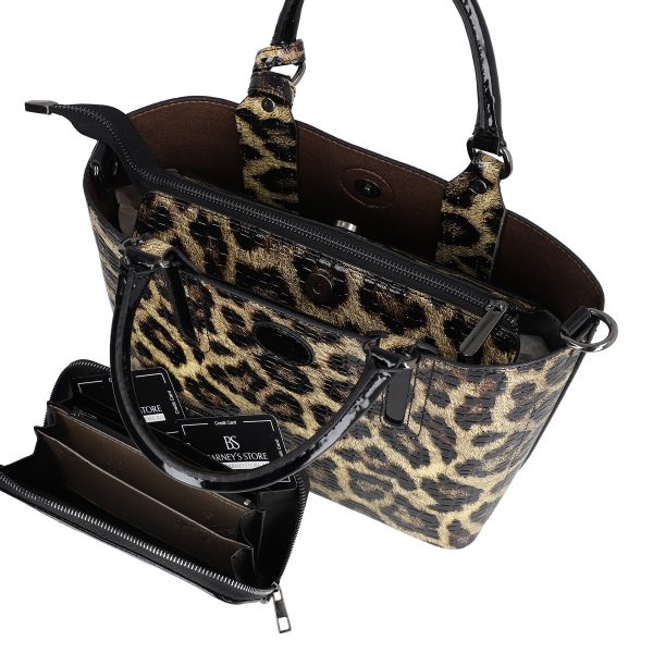 Set geanta dama casual cu portofel din piele ecologica texturata maro cu negru BS33SET2302339 6